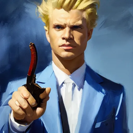 Image similar to greg manchess portrait painting of a blond man in a blue suit with a sword and a pistol, asymmetrical, profile picture, organic painting, sunny day, matte painting, bold shapes, hard edges, street art, trending on artstation, by huang guangjian, gil elvgren, ruan jia, randy vargas, greg rutkowski