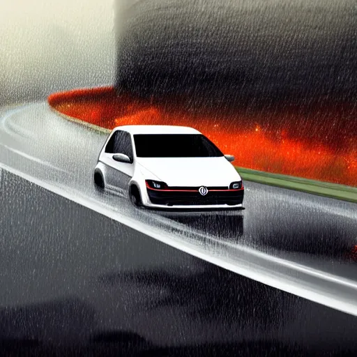 Image similar to vw golf gti speeding down a rain - soaked highway highly detailed, digital painting, concept art, sharp focus, by makoto shinkai