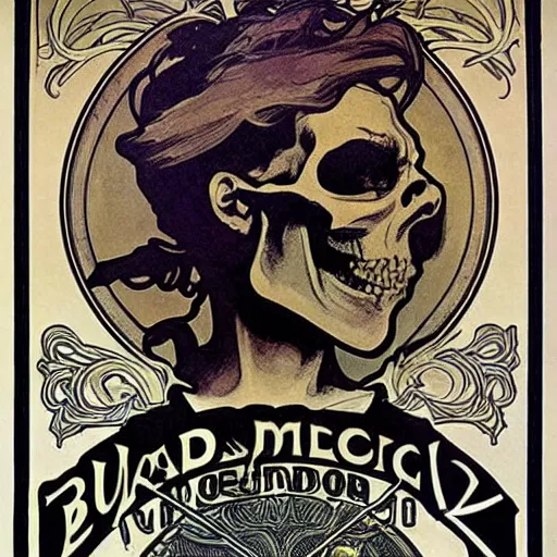 Prompt: bearded skull,poster illustration, art by alphonse mucha