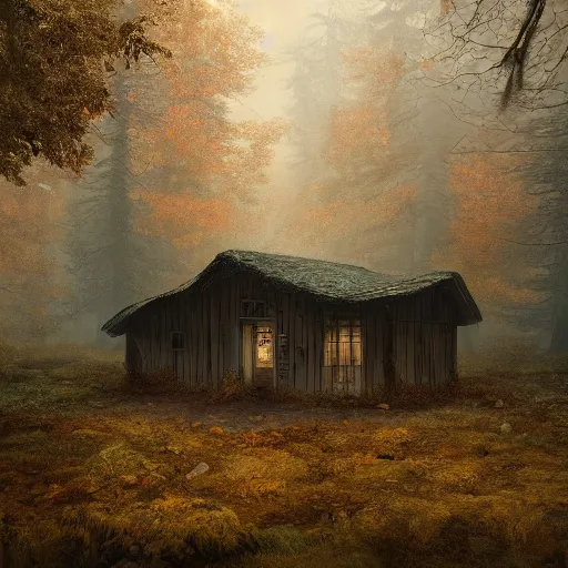 Image similar to an old broken hut in an autumn forest, many alot of huge tall mushrooms around it, green and brown tones, by Aron Wiesenfeld and beksincki, cinematic, detailed illustration, nature, fog, dark colors, suspense, intricate, 8k