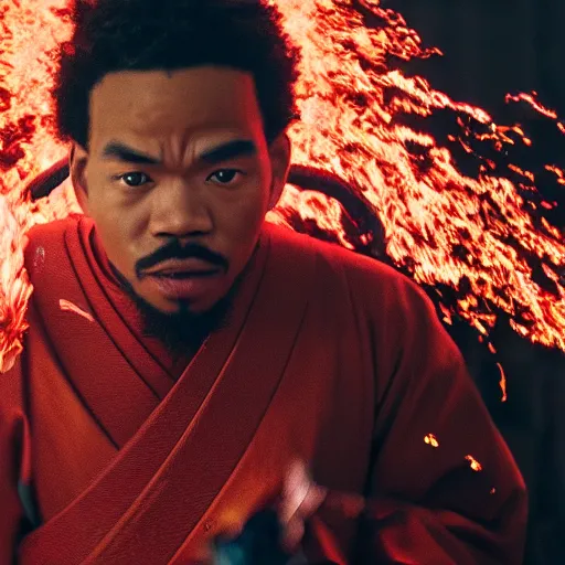 Image similar to cinematic film still of Chance The Rapper starring as a Samurai holding fire, Japanese CGI, VFX, 2022, 40mm lens, shallow depth of field, film photography