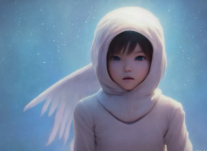 Image similar to angel baby cherub, wearing a balaclava, ski mask face, covered face, face covered, role in a musical sci - fi space opera ghibli animated film, volumetric lighting, octane render by stanley artgerm lau, greg rutkowski, thomas kindkade, alphonse mucha, loish, norman rockwel,