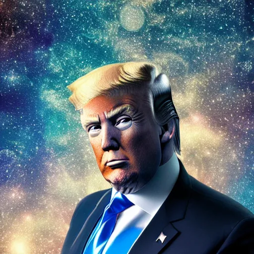 Prompt: donald trump portrait made out of galaxies, beautiful, cyborg, cinematic comic book art, realistic, highly detailed, octane render