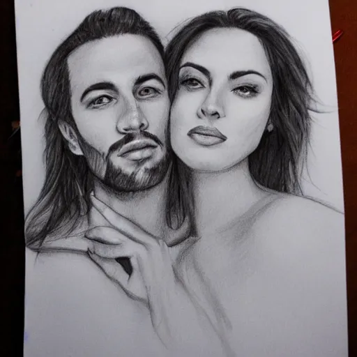 Prompt: pencil art. good looking man and beautiful woman in love. self portrait.