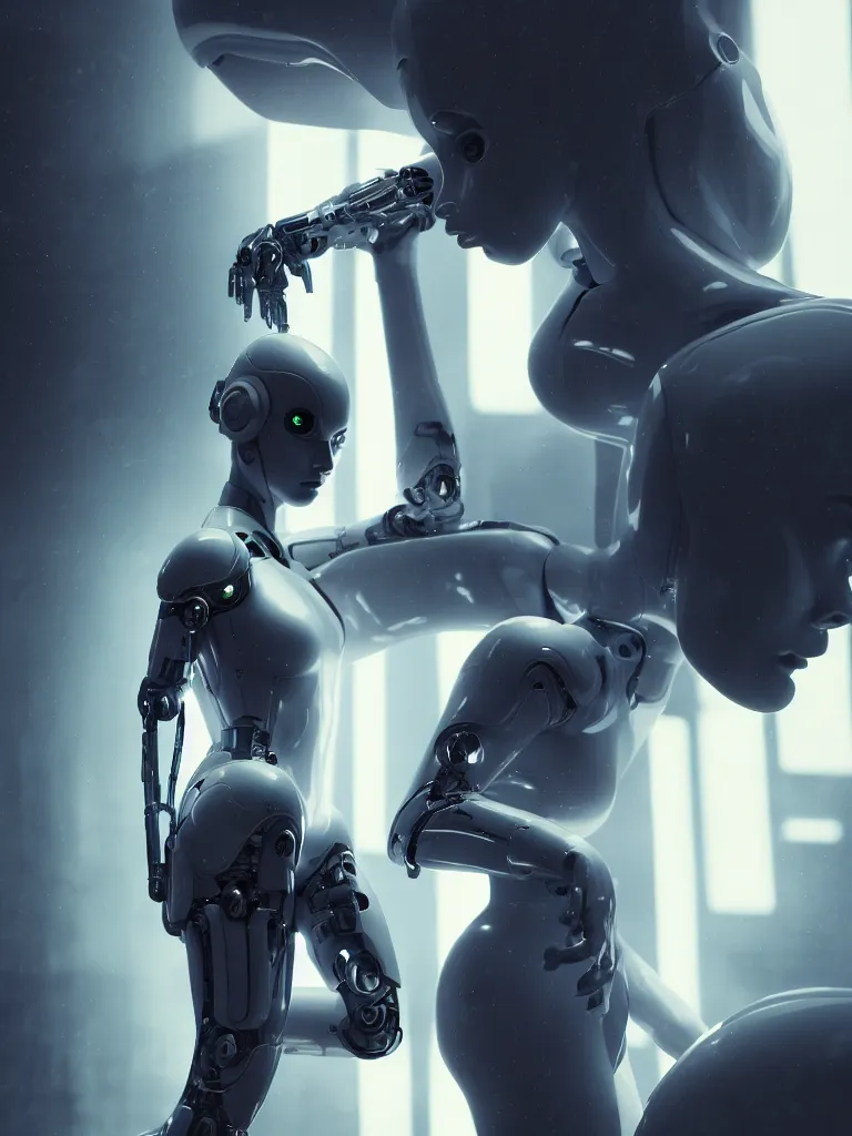 Prompt: cinematic shot of a cyborg woman with a porcelain body, perfect body, athletic, delft porcelain, led details, blade runner, ghost in the shell, futuristic, 8 k resolution, hyperdetailed, beautiful lighting, octane rendered, poser, photorealistic, exquisite details