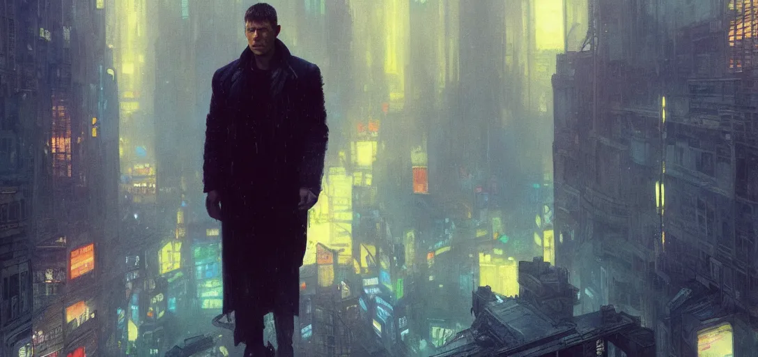 Image similar to 2 0 1 8 blade runner movie still man look at the cityscape from roof perfect face fine realistic face pretty face neon puffy jacket blue futuristic sci - fi elegant by dennis villeneuve tom anders zorn hans dragan bibin thoma greg rutkowski ismail inceoglu illustrated sand storm alphonse mucha