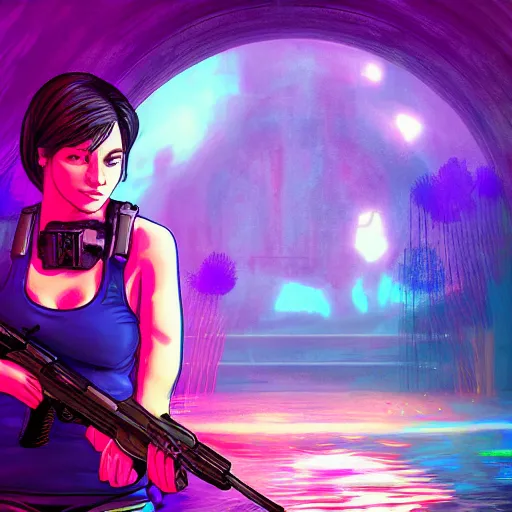 Image similar to Jill Valentine with pistol swimming in chromatic SPIRITS in misty mysterious astral temple, beautiful, dmt, trending on artstation, omnious, soft, REALISTIC