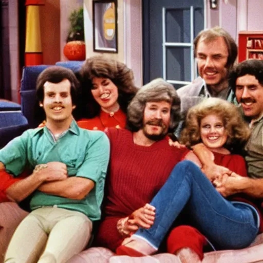 Prompt: vintage 1 9 8 0's sitcom, a happy photogenic family and a large giant evil wet slimy detailed monstrous creature inside a 1 9 8 0's sitcom living room