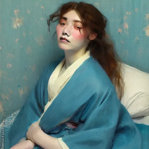 Image similar to girl with long wavy hair, in lightblue kimono, sitting on bed, by jeremy lipking, serge marshennikov, joseph todorovitch