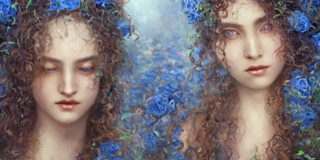 Image similar to breathtaking detailed concept art painting portrait of the hugs goddess of blue flowers, carroty curly hair, orthodox saint, with anxious piercing eyes, ornate background, amalgamation of leaves and flowers, by hsiao - ron cheng, extremely moody lighting, 8 k