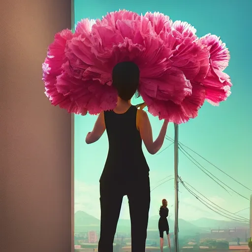 Image similar to giant carnation flower head, woman walking next to modern window in luxury apartment, surreal photography, sunlight, impressionist painting, digital painting, artstation, simon stalenhag