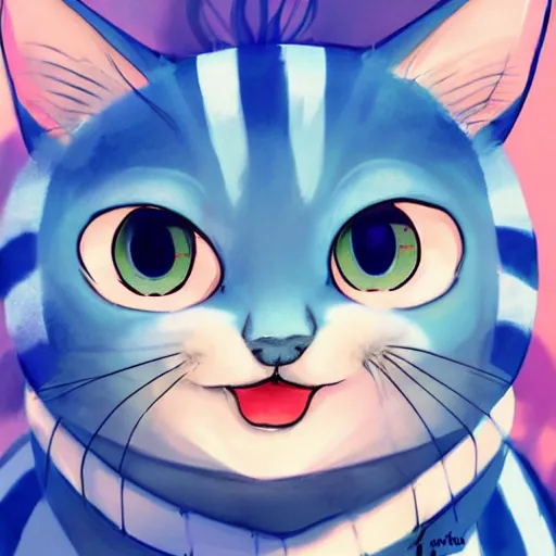 Prompt: cute blue striped cat of cheshire from alice in wonderland. an adorable cat with light blue stripes and a big playful smile. award - winning digital art, trending on artstation