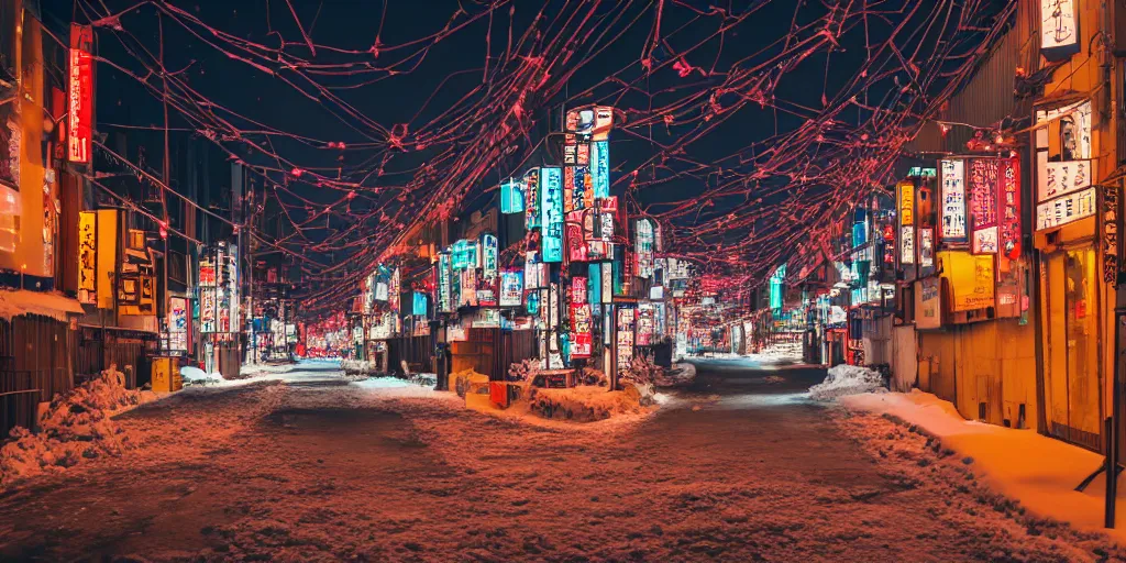 Image similar to a city street at night, snowing, photograph, cyberpunk, sharp focus, intricate detail, drone shot, high resolution, 8k, neon streetlights, wires hanging down everywhere, Japan, colourful, Shrine in centre,