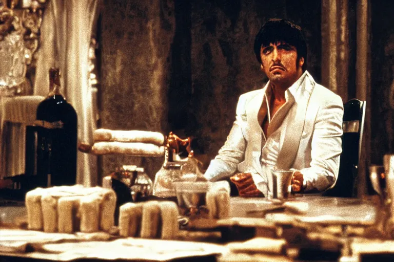 Image similar to tony montana from movie scarface 1 9 8 3 sitting at a table with packages of flour. next to the night window. al pacino. perfect symmetric face, coherent eyes, fine details, 8 k, ron cobb
