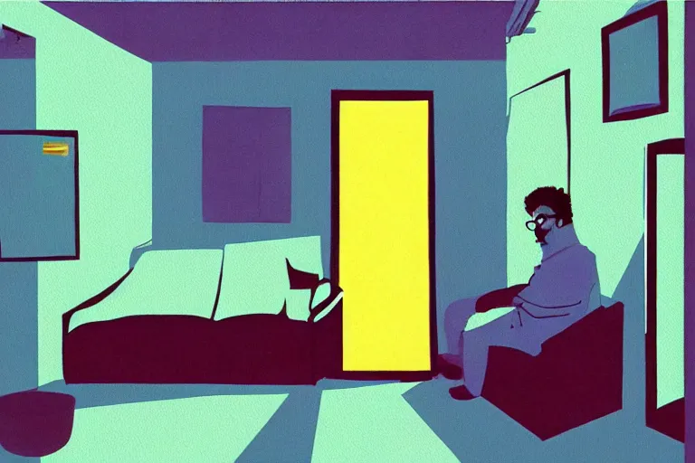 Prompt: old israeli apartment, todd solondz drinking alone, smoking, vaporwave colors, state of melancholy, romantic, dimmed lights, painting by francis bscon