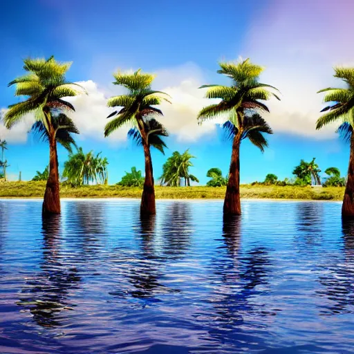 Prompt: surreal palm trees detached trunks floating floating floating in blue sky, random positions floating, flying