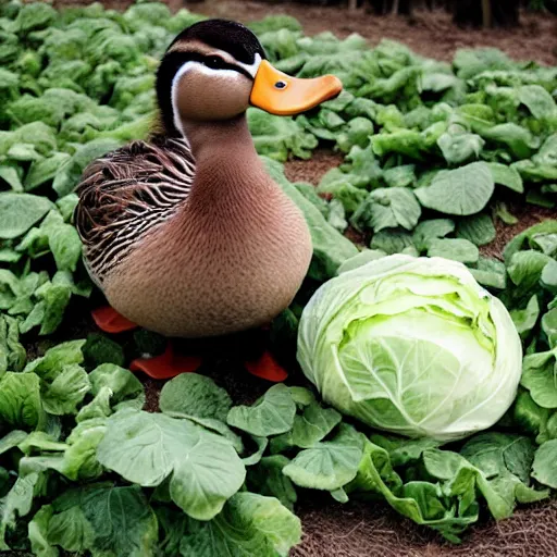 Image similar to a duck dressed as cabbage