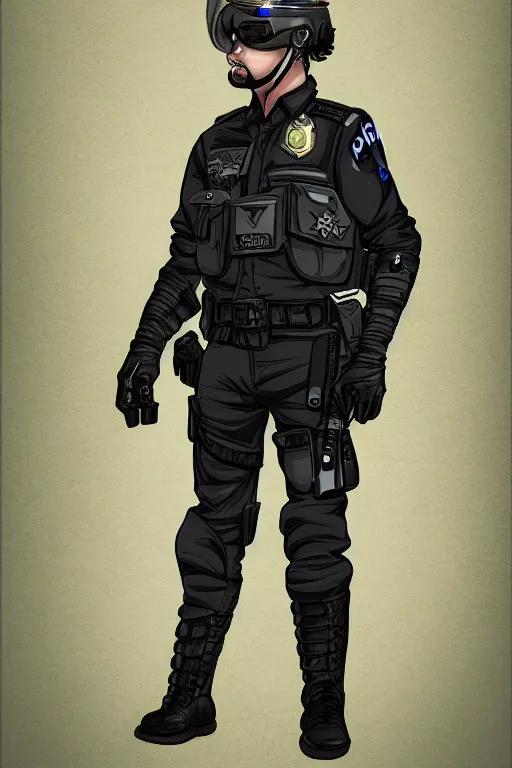 Image similar to police officer posing like super hero, highly detailed, digital art, sharp focus, trending on art station, anime art style