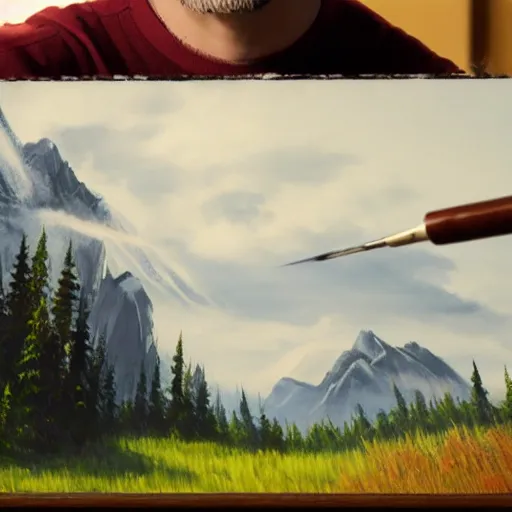 Image similar to a closeup photorealistic photograph of bob ross working on a canvas painting of spiderman. film still. brightly lit scene. mountains and trees. this 4 k hd image is trending on artstation, featured on behance, well - rendered, extra crisp, features intricate detail, epic composition and the style of unreal engine.