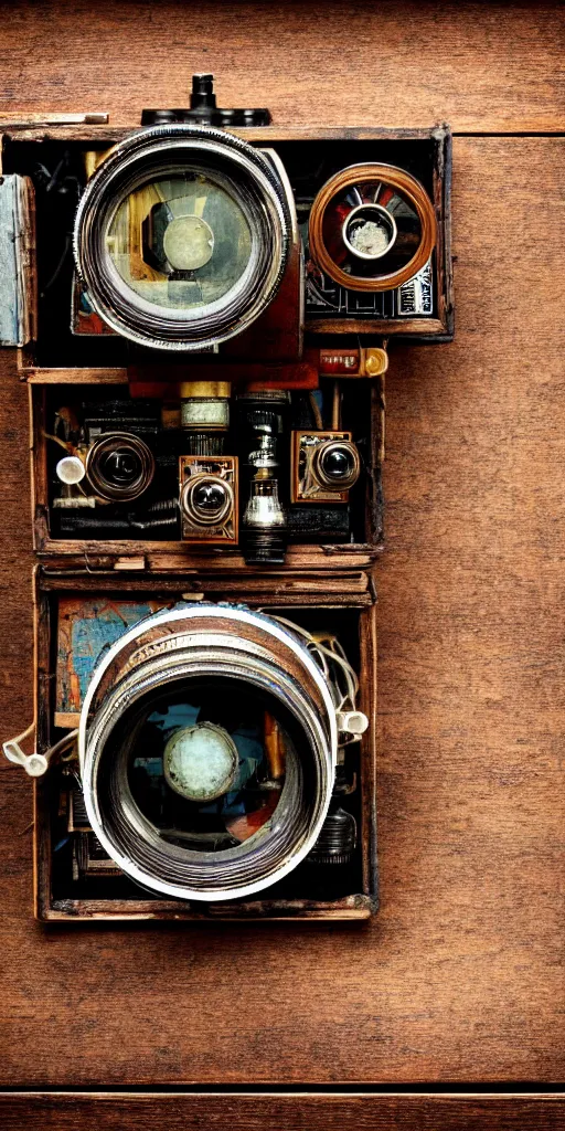 Image similar to A photo of a very old opened device with a camera lens, vacuum tubes, film, capacitors and coils inside, on an old wooden table by Annie Lebovitz, Laura Letinsky and Steve McCurry, grungy, weathered Ultra detailed, hyper realistic, 4k