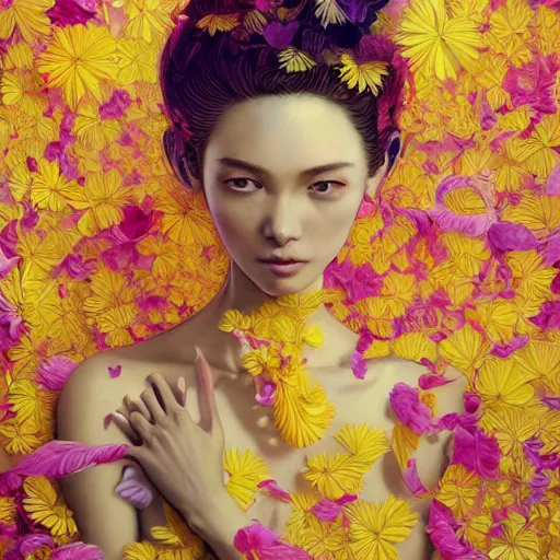 Prompt: the portrait of an absurdly beautiful, graceful, and elegant woman made of bananas and petals, an ultrafine detailed illustration by kim jung gi, irakli nadar, rossdraws, intricate linework, bright colors, final fantasy, behance contest winner, angular, unreal engine 5 highly rendered, global illumination, radiant light, detailed and intricate environment