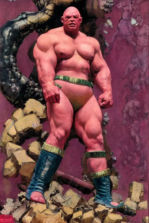 Image similar to full body portrait of morgan aste as huge pink hulk wearing trousers, simple background, painted by jack kirby, lawrence alma tadema, norman rockwell, greg staples, wayne barlow, jacob collins, tom lovell, frank schoonover, neville page