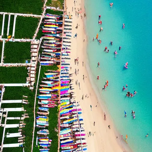 Image similar to photograph beachscapes from an almost perpendicular angle, Aerial view of sandy beach with umbrellas and sea, Aerial of a crowded sandy beach with colourful umbrellas, sun bathers and swimmers during summer, by Tommy Clarke