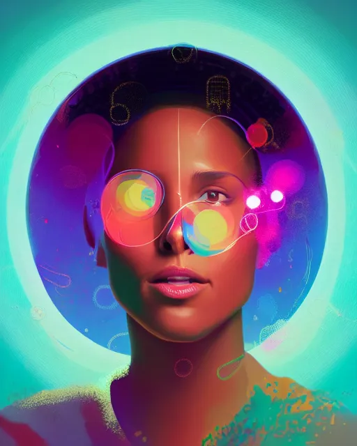 Prompt: alicia keys portrait, stylized musical notes floating, bubbles, radiant halo of light, artgerm, petros afshar, tom whalen, ismail inceoglu