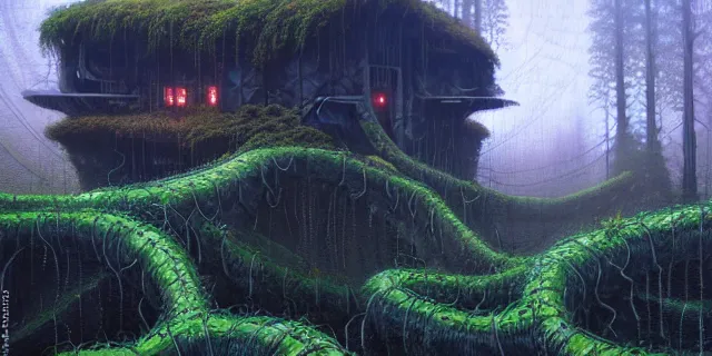 Image similar to painting obsidian rock fortress covered in vines from bladerunner by tomasz alen kopera and cornelius dammrich with futuristic neolithic watermill home by eddie jones and simon stahlenhag
