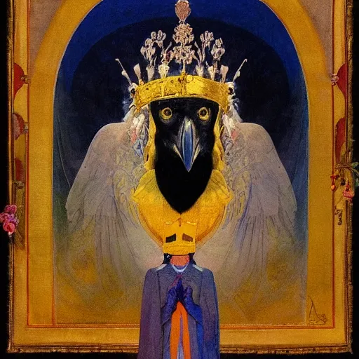 Image similar to portrait of a crow wearing a crown, by Annie Swynnerton and and Nicholas Roerich and Maxfield Parrish and Diego Rivera , symbolist, dramatic lighting, embroidered brocade robes, god rays, rich colors,smooth, sharp focus, extremely detailed