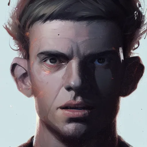 Image similar to Portrait of a man by Greg Rutkowski, symmetrical face, a young man using a VR headset, with a crooked smile, highly detailed portrait, scifi, digital painting, artstation, book cover, cyberpunk, concept art, smooth, sharp foccus ilustration, Artstation HQ