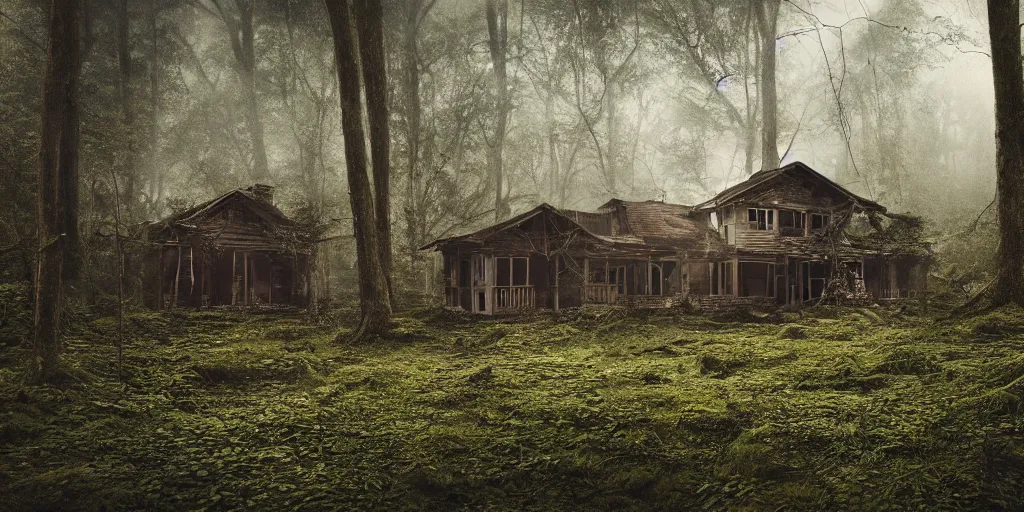 Image similar to an abandoned and decrepit wooden house in a lush forest, architectural photography, dark and dim lighting, beautiful, tranquil, moody, cinematic, fantasy, 3 5 mm lens, volumetric lighting, first person view, photographic render, hyper realistic