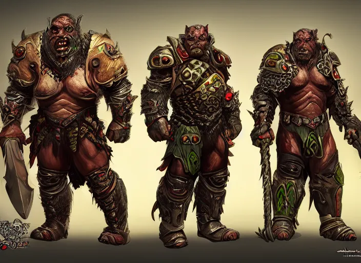 Prompt: three different views of orcs in armour, colourful intricate! concept art by senior character artist, trending on artstation, artstation hd, full body, official art