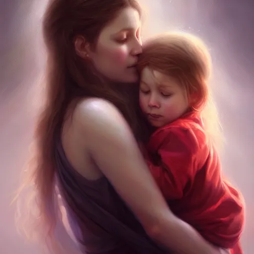 Prompt: love is patient love is kind, mother and child ; photorealistic oil painting by charlie bowater and mark blooms ; highly detailed cute faces by wlop ; trending on artstation