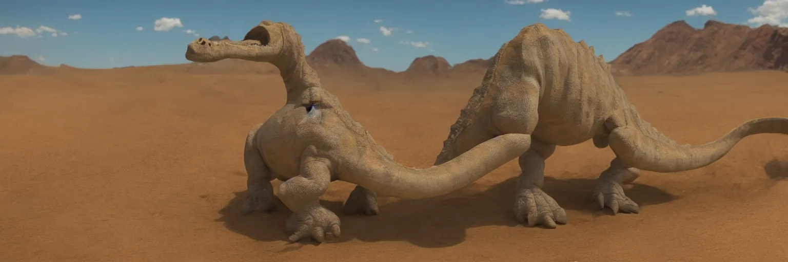 Image similar to big dinosaur vacuuming sand in a desert, 4k,