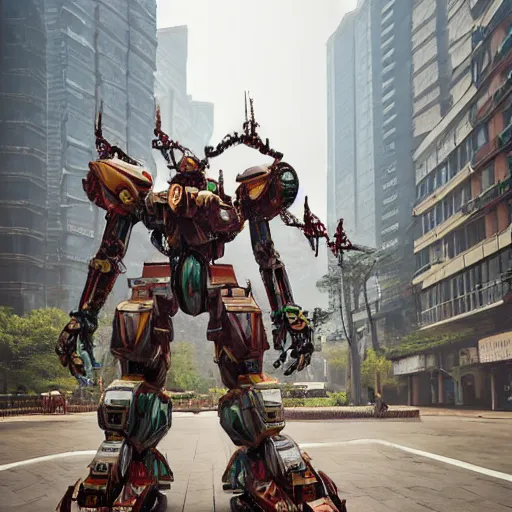 Prompt: a beautiful hyperrealistic ultradetailed 3D render of a gigantic javanese mecha standing in a city in China, by brian sum and stephen martiniere and Antonio Manzanedo. mech, dragon, unreal engine, octane render, PBR, 3D, brilliantly colored, intricate, wide angle, volumetric lighting, polished, path tracing