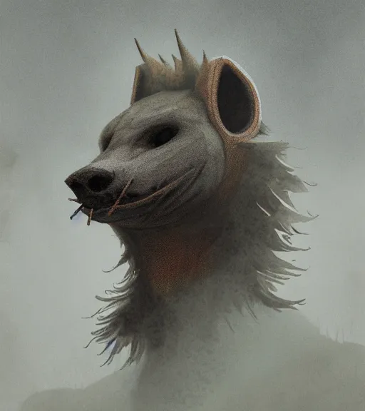 Prompt: foggy dirt road portrait of furry anthro anthropomorphic spotted hyena head animal person fursona wearing clothes horror gloomy digital art photo by Greg Rutkowski, Simon Stalenhag, christopher nolan trending on Artstation, CGSociety