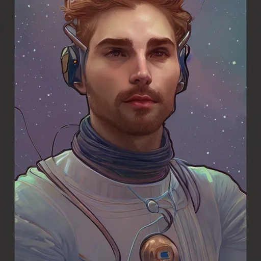 Prompt: portrait of a male space explorer, D&D, fantasy, elegant, hopeful, cosmic, muscular, highly detailed, digital painting, artstation, concept art, smooth, sharp focus, illustration, art by alphonse mucha