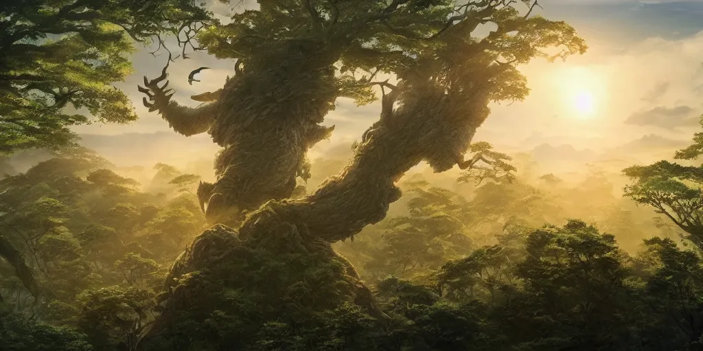 Prompt: giant monster in the distance, forest, standing on a tree top, 4 k, artgerm, high detail, dramatic lighting, sunset, hayao miyazaki, masashi ando, nizou yamamoto, kazuo oga, joe hisaishi, yoji takeshige, naoya tanaka