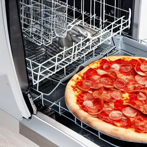 Prompt: washing a whole pizza in a dishwasher