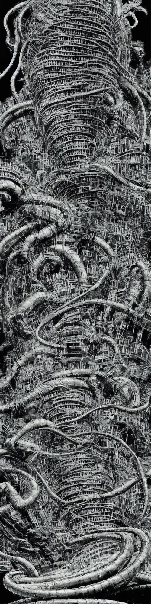 Image similar to hologram king kong and godzilla spiraling together like liquid smoke, loose wires, exposed circuits, trash, china monster building, brutalism, hr giger, basil wolverton, minakari, vegetal patterns