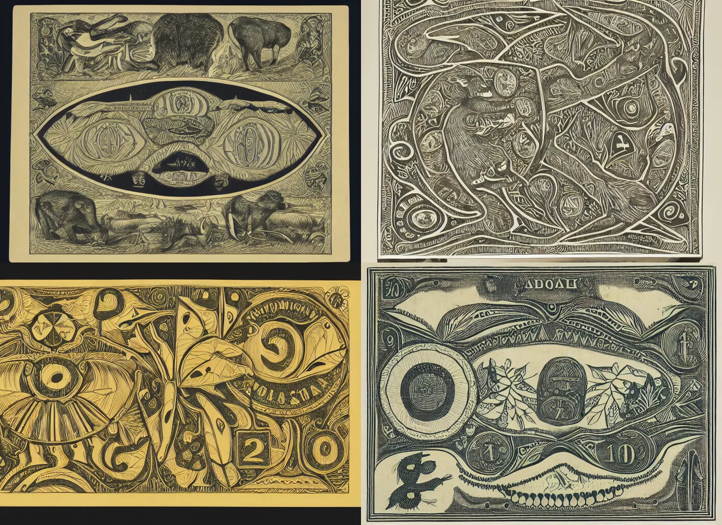 Prompt: a design of a Selknam money bill with the numeral value of 20, engraving and decoration with aboriginal design and illustrations of Patagonian animals and vegetation by gustav dure, Joe Fenton, Elegant clean design, with well-defined edges and lines, clear figures, ink, sharp contrast
