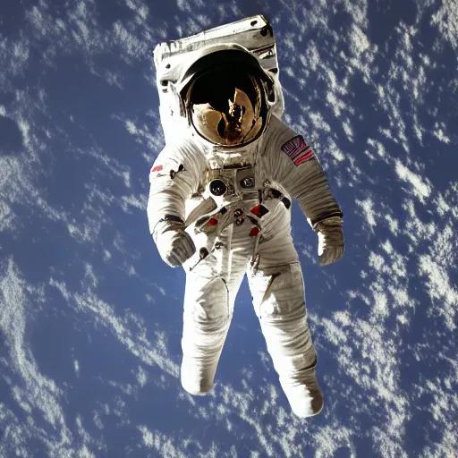 Image similar to photograph of an astronaut in space, singular light source from below, earth only visible below, full body photo, amazing light and shadow contrast, 8 k