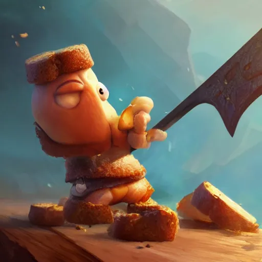 Image similar to battle toast, a slice of toasted bread with a face, arms and legs, holding a sword, cute, pixar, volumetric lighting, dynamic composition, fantasy, hyper detailed, ultra realistic, sharp focus, octane render, concept art by ruan jia and heng z and artem