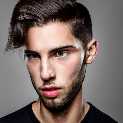 Prompt: a closeup photo of a male model with medieval haircut, 4 k, studio lighting, wide angle lens