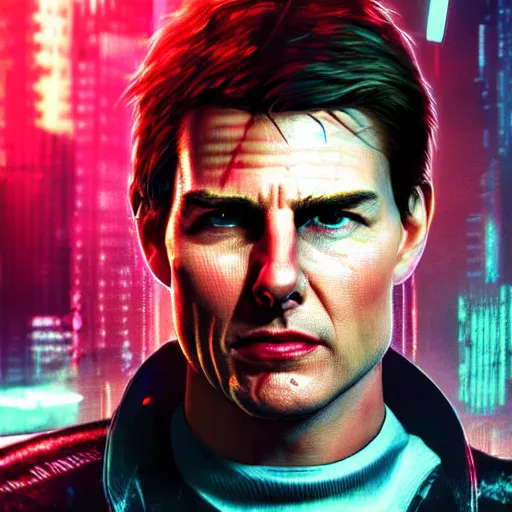 Image similar to tom cruise portrait, Cyberpunk 2077, cyberpsycho, photorealistic, ultra detailed, neon, octane, bokeh, cyber, cyberpunk city, feature, scars, cyberface, 8k