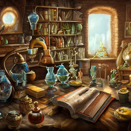 Image similar to hyper realistic, tony sart, table, wizards laboratory, mortar, pestle, scales, magic book, beaker, energy