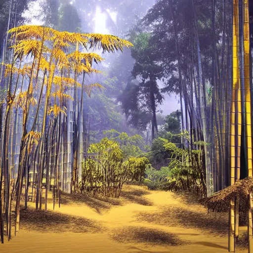 Prompt: Fighting game stage background, forest, Buddhist temple, bamboo, by Katuhiro Otomo