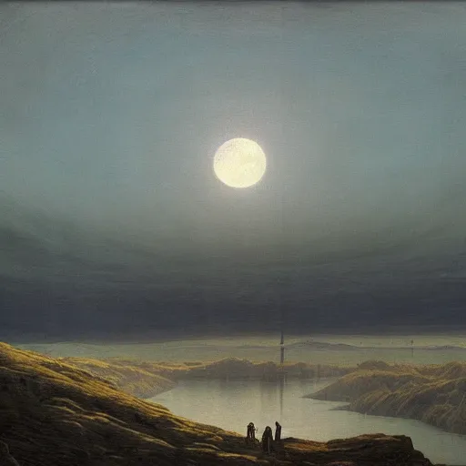 Image similar to scenary of sci - fi apocalyptic moon end of the world by caspar david friedrich