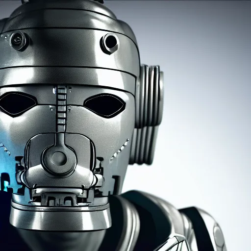 Image similar to close up realistic cyberman with half of his mask broken off showing david tennant, digital artcinematic lighting, render, fantasy